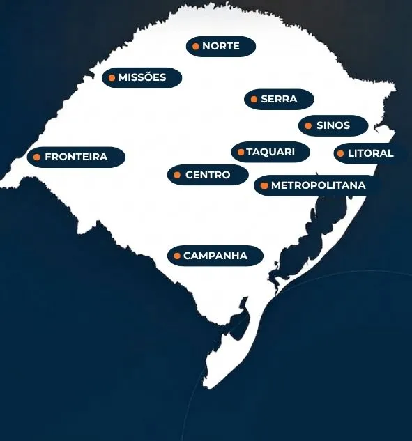 Mapa do Rio Grande do Sul com as dez zonas operacionais da Escuta RS